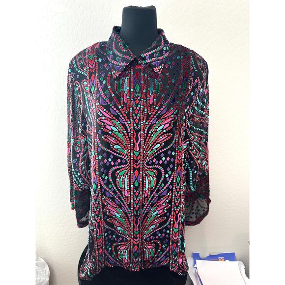 BOB MACKIE | Burnout Velvet Blouse Abstract Colorful Sheer Silk Blend NWT | XL - Picture 2 of 7